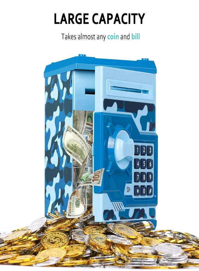 Vcertcpl ATM Piggy Bank for Boys Girls, Vcertcpl Mini ATM Coin Bank Money Saving Box with Password, Kids Safe Money Jar for Adults with Auto Grab Bill Slot, Great Gift Toy Bank for Kids(Camouflage Blue) - Image 4
